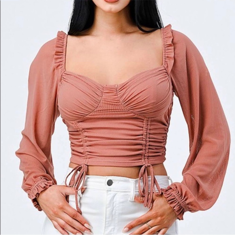 PRIVY Mesh Ruched Crop Top Tie Long Sleeve Feminine Mauve Rose